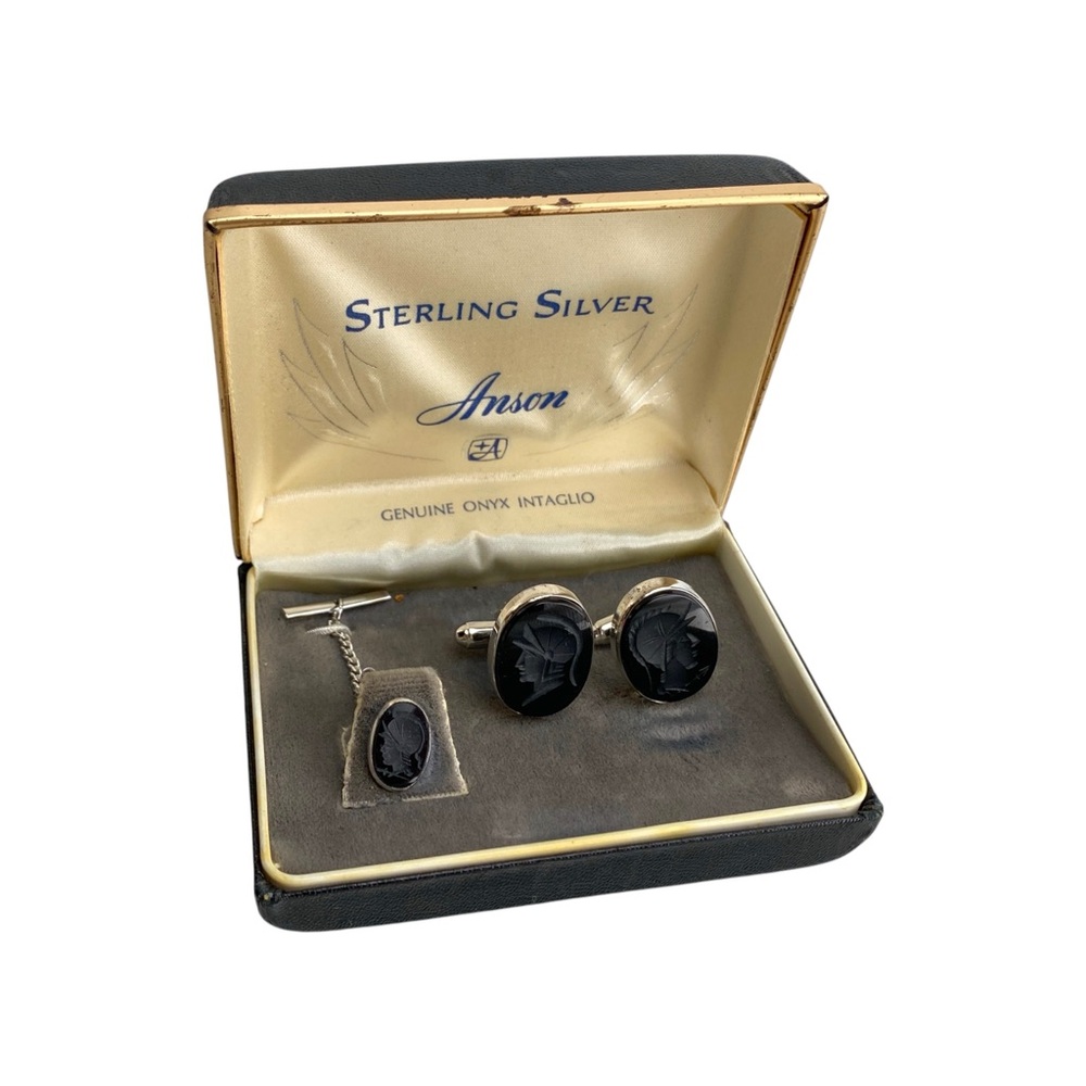 Vintage Men’s Cuff Link and Tie Tack Set Black Intaglio Sterling Silver - Picture 1 of 6